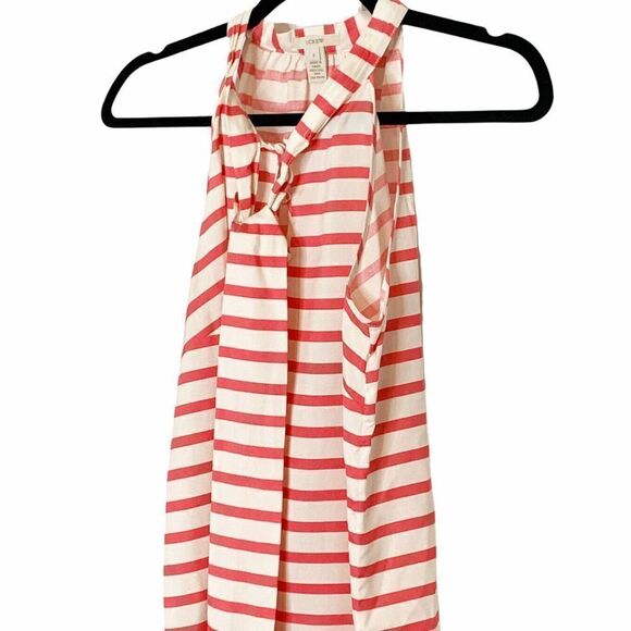 J.Crew Women's Coral-Red & Ivory Stripe Silk Bow Blouse Tank Neck Tie EUC Size 2 - Picture 3 of 7